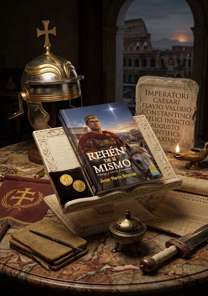 Composición con la cubierta de la novela que se menciona y elementos romanos de la época.